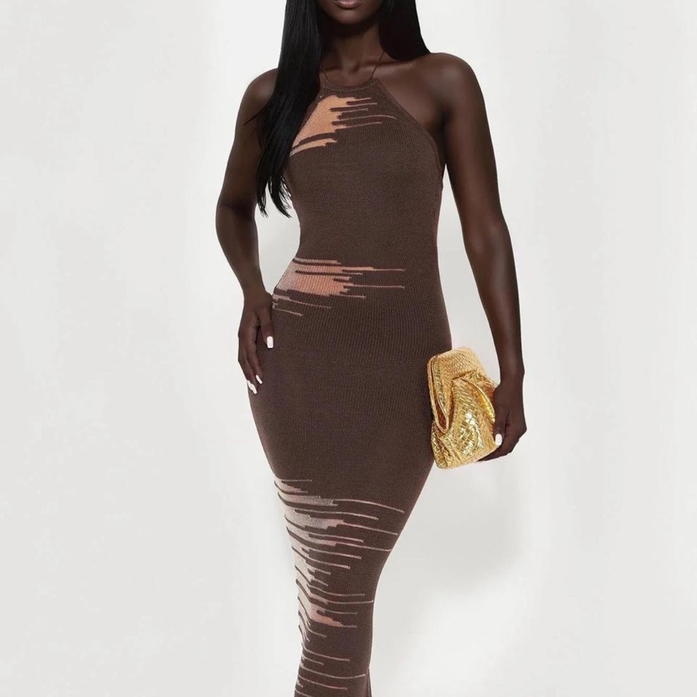 Sleek Brown Halter Midi Dress with mesh Detail